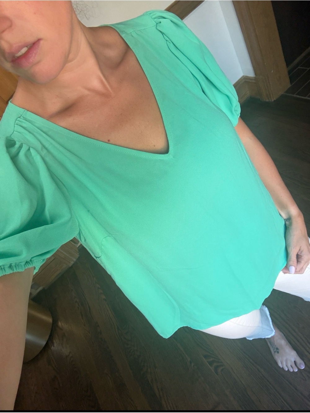 LC Lauren Conrad Bright Teal V-Neck Puff Sleeve Blouse